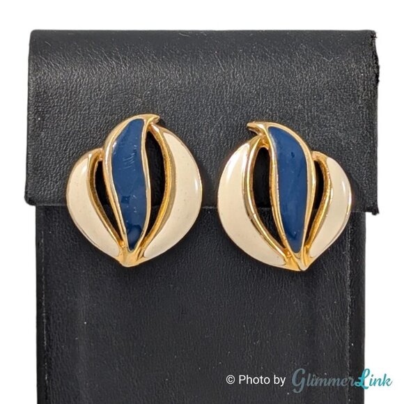 Vintage 80s Navy & Cream Enamel Feather Wave Gold Tone Stud Pierced Earrings - Picture 3 of 8